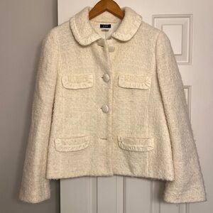 J Crew Cream Wool Tweed Blazer w/ Ruffle Trim— Size 8